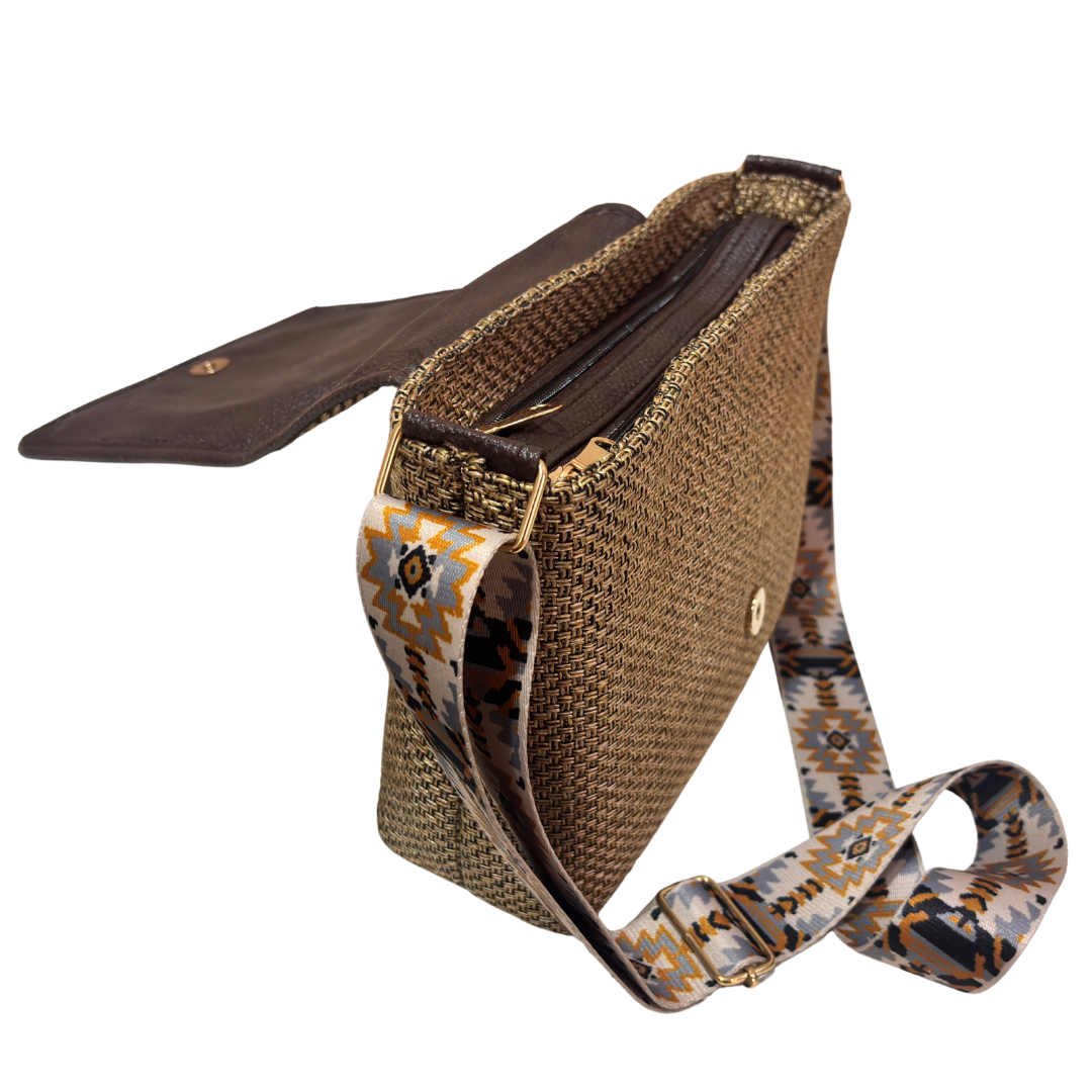 Medallion Embossed Jute Sling Bag