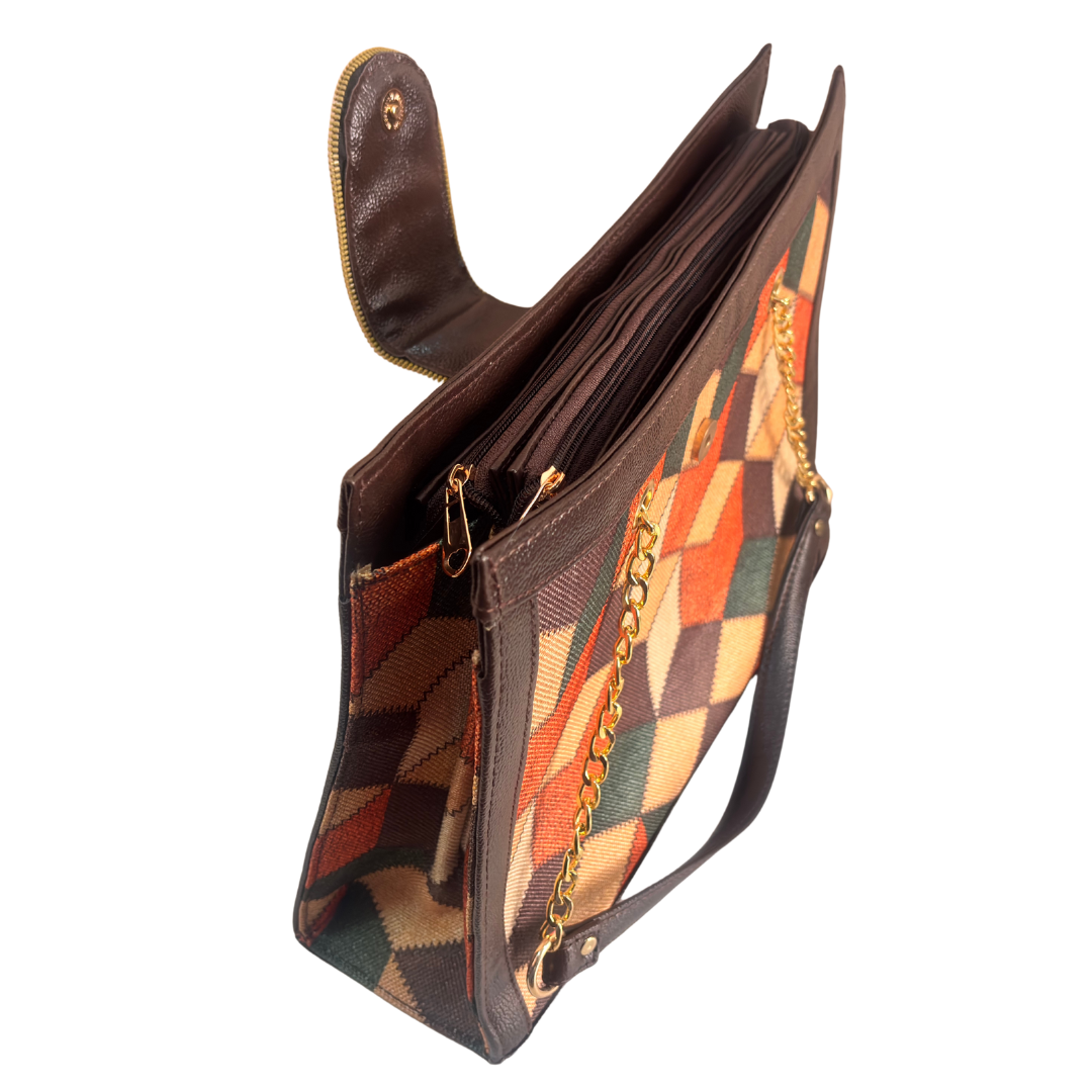 Chain Handle Tote Bag for Women | Rajasthani Block Print with Gold Chain Handles & Matching Pouch