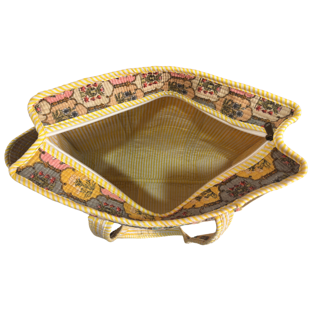 Artisan Quilted Bloom Quilted Cotton Tote - Handcrafted Shopping Companion