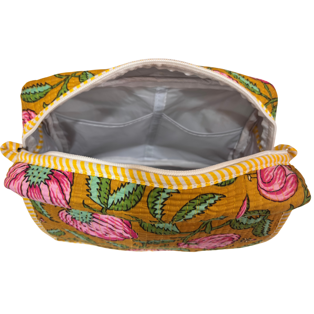 Multi-Pocket Travel Cosmetic Case with Flap & Front Zip — Handcrafted Quilted Block Print | RajPadmini