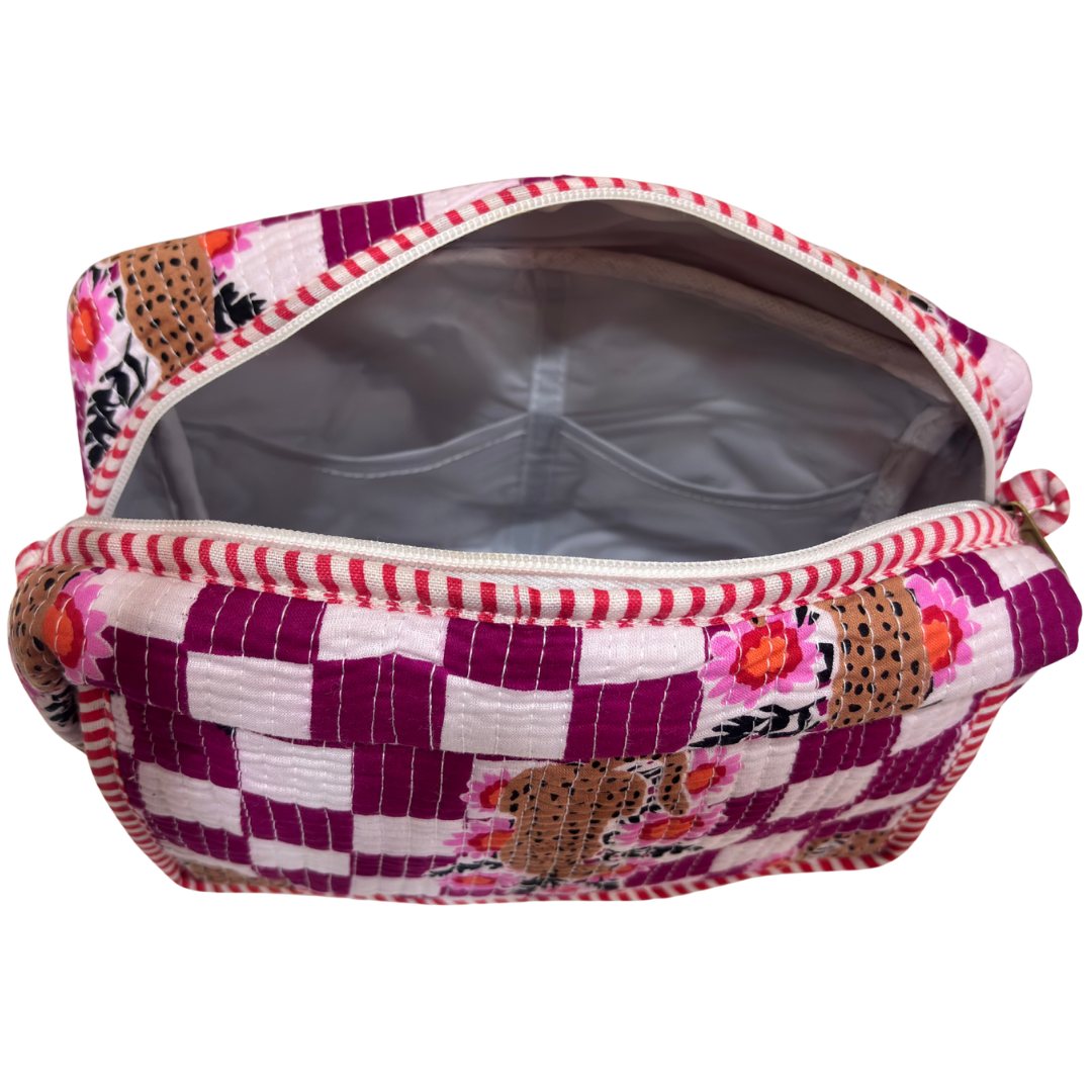 Multi-Pocket Travel Cosmetic Case with Flap & Front Zip — Handcrafted Quilted Block Print | RajPadmini