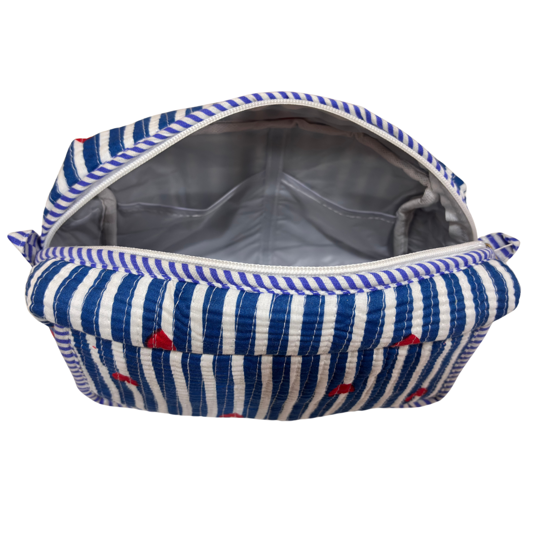 Multi-Pocket Travel Cosmetic Case with Flap & Front Zip — Handcrafted Quilted Block Print | RajPadmini