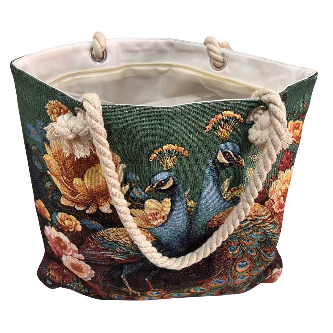 Peacock & Floral Print Canvas Beach Tote — Handcrafted Waterproof Tote with Zip Closure | The House of RajPadmini