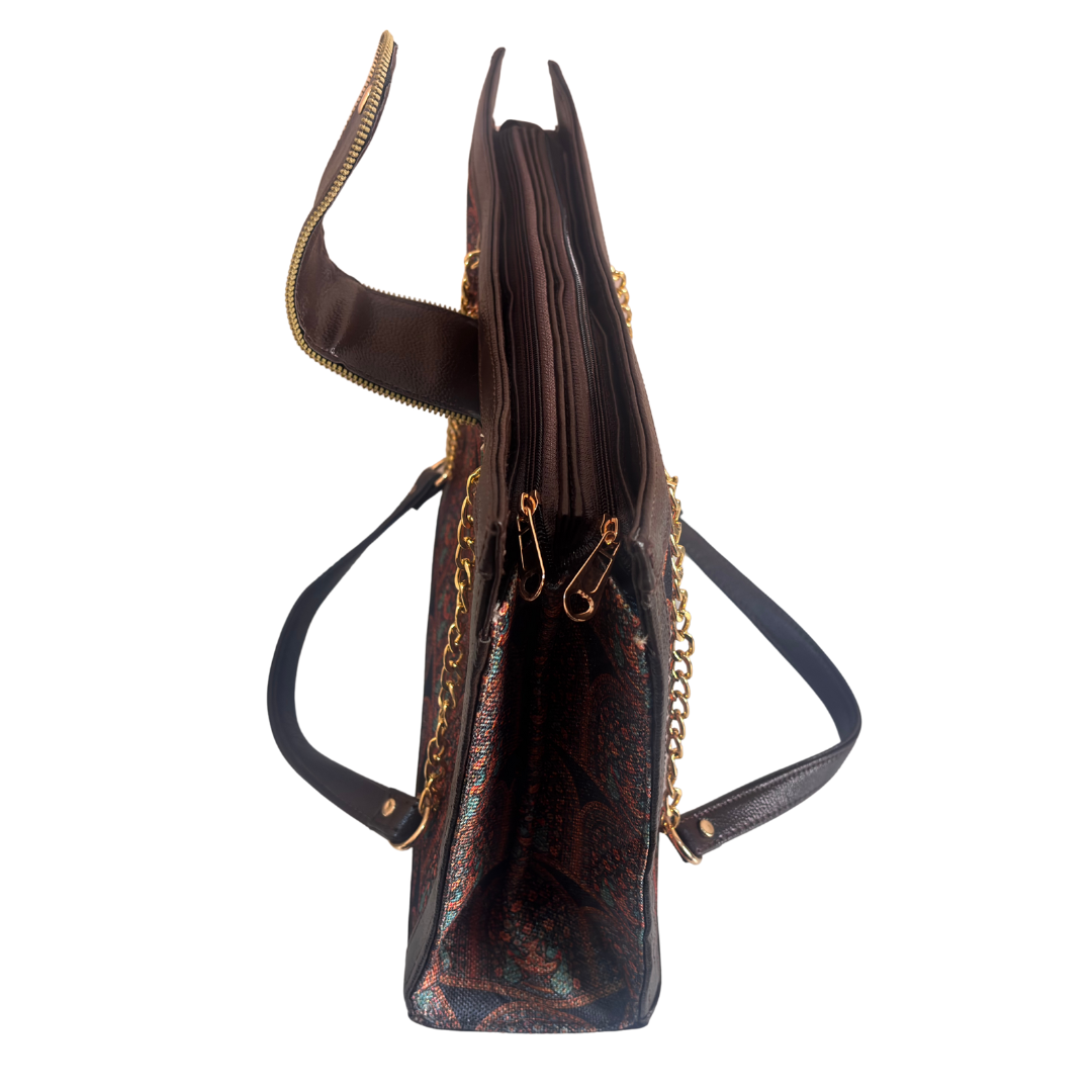 Chain Handle Tote Bag for Women | Rajasthani Block Print with Gold Chain Handles & Matching Pouch