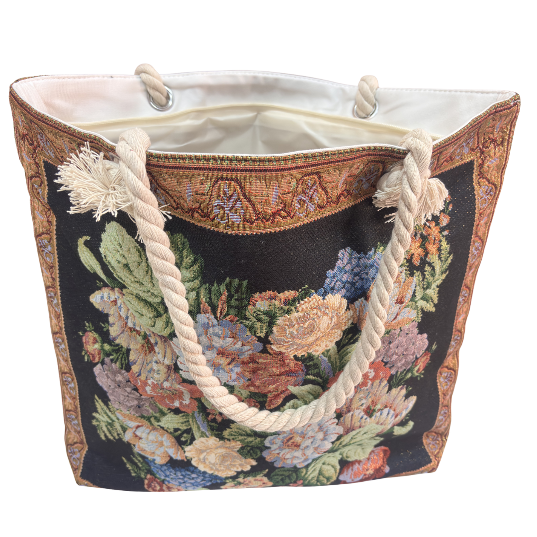 Peacock & Floral Print Canvas Beach Tote — Handcrafted Waterproof Tote with Zip Closure | The House of RajPadmini