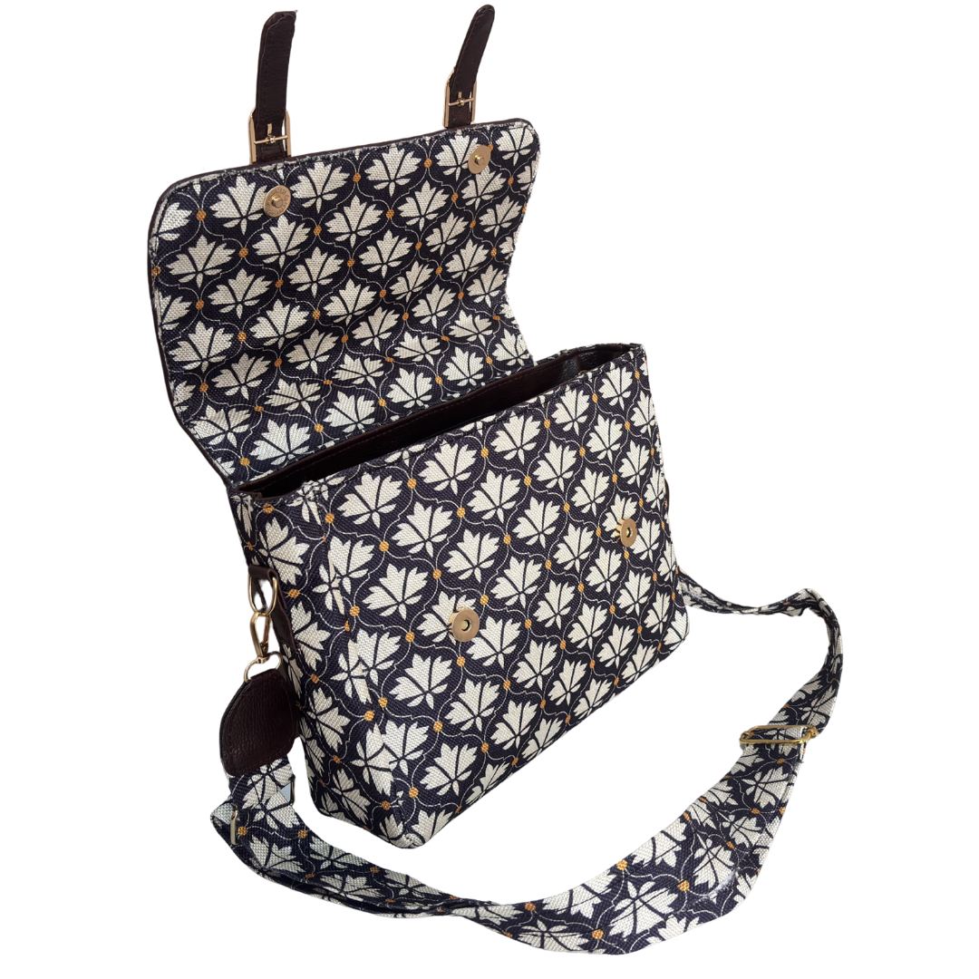Grey Floral Briefcase Sling worn as crossbody – versatile sling and briefcase styling for women