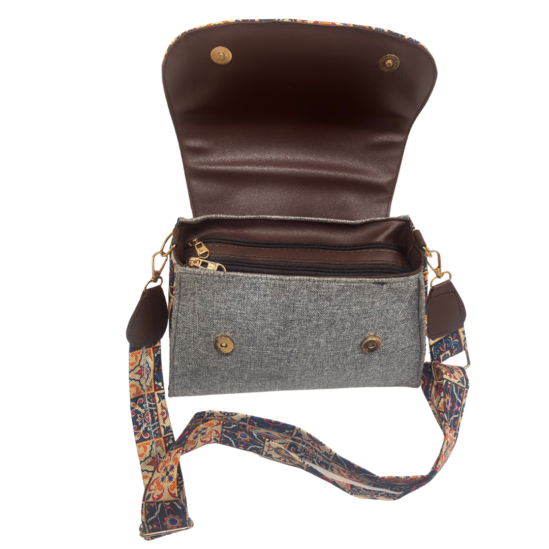 The House of RajPadmini Sanganer Heritage Edition | Hand-Block Print Sling Bag with Signature Metal Ring Handle & Double Partition