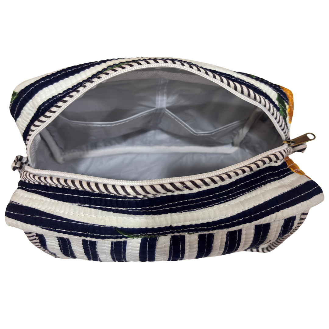 Multi-Pocket Travel Cosmetic Case with Flap & Front Zip — Handcrafted Quilted Block Print | RajPadmini