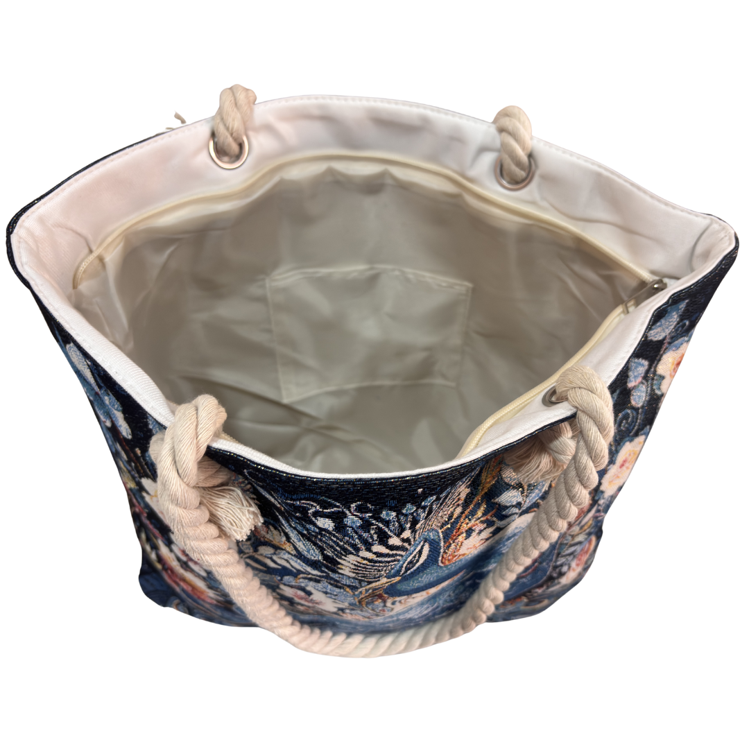 Peacock & Floral Print Canvas Beach Tote — Handcrafted Waterproof Tote with Zip Closure | The House of RajPadmini