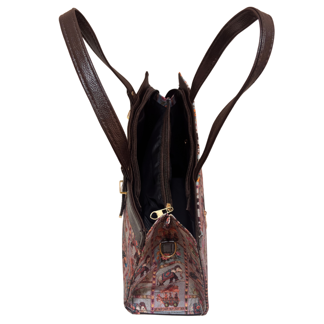 Rajwada Convertible Handbag for Women | Ethnic Chevron Print with Detachable Strap & Matching Pouch | Office to Evening