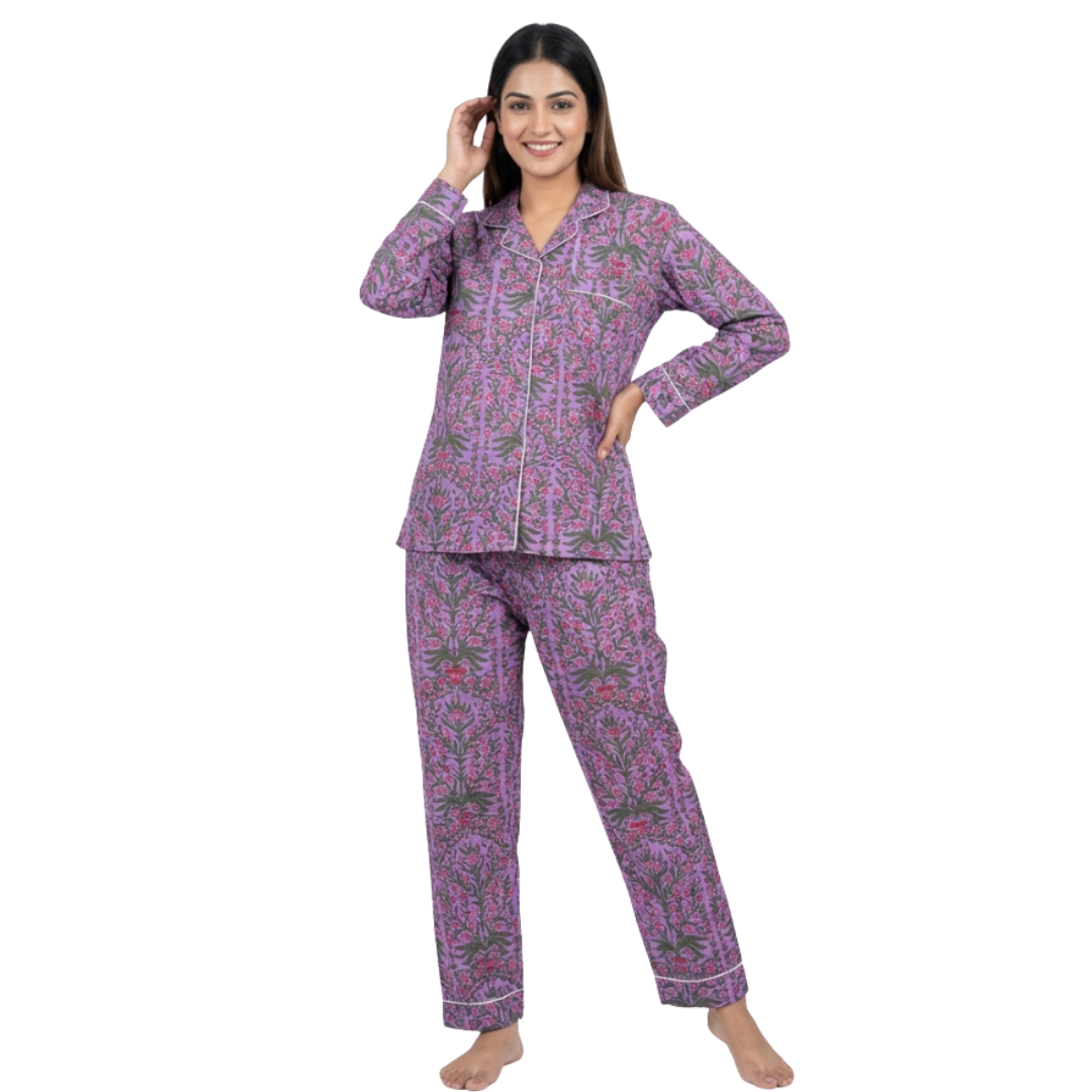 Gulmer by RajPadmini- Purple Vine Mulmul Cotton Cord Set with matching Cover| Floral Purple Nightsuit for Women | Breathable Loungewear with Collar Shirt & Pants