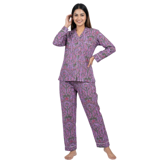 Gulmer by RajPadmini- Purple Vine Mulmul Cotton Cord Set with matching Cover| Floral Purple Nightsuit for Women | Breathable Loungewear with Collar Shirt & Pants