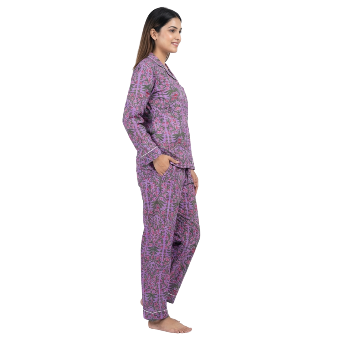 Gulmer by RajPadmini- Purple Vine Mulmul Cotton Cord Set with matching Cover| Floral Purple Nightsuit for Women | Breathable Loungewear with Collar Shirt & Pants