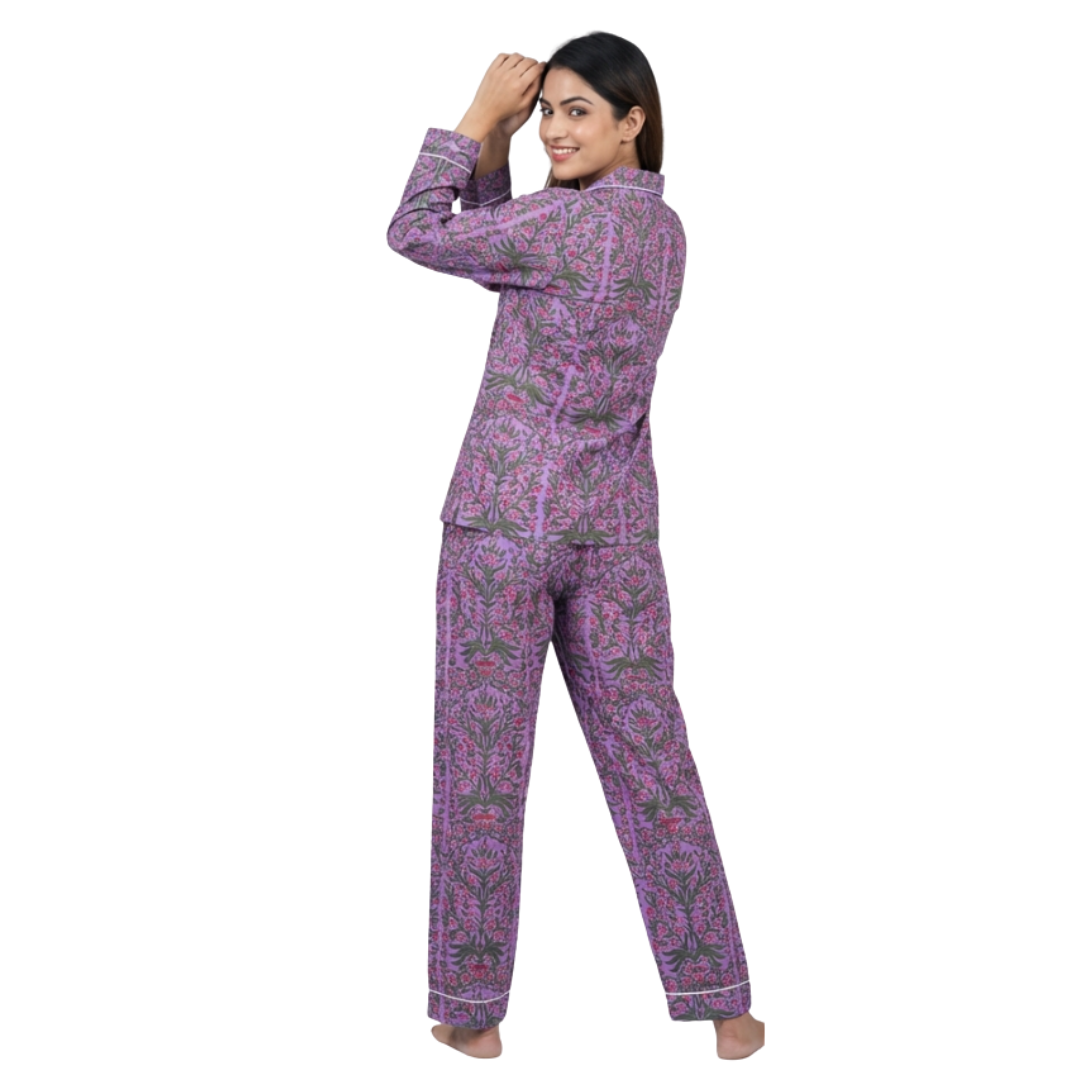Gulmer by RajPadmini- Purple Vine Mulmul Cotton Cord Set with matching Cover| Floral Purple Nightsuit for Women | Breathable Loungewear with Collar Shirt & Pants