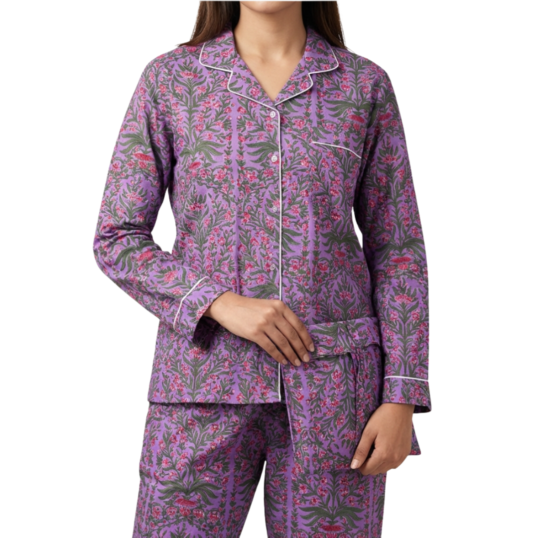 Gulmer by RajPadmini- Purple Vine Mulmul Cotton Cord Set with matching Cover| Floral Purple Nightsuit for Women | Breathable Loungewear with Collar Shirt & Pants