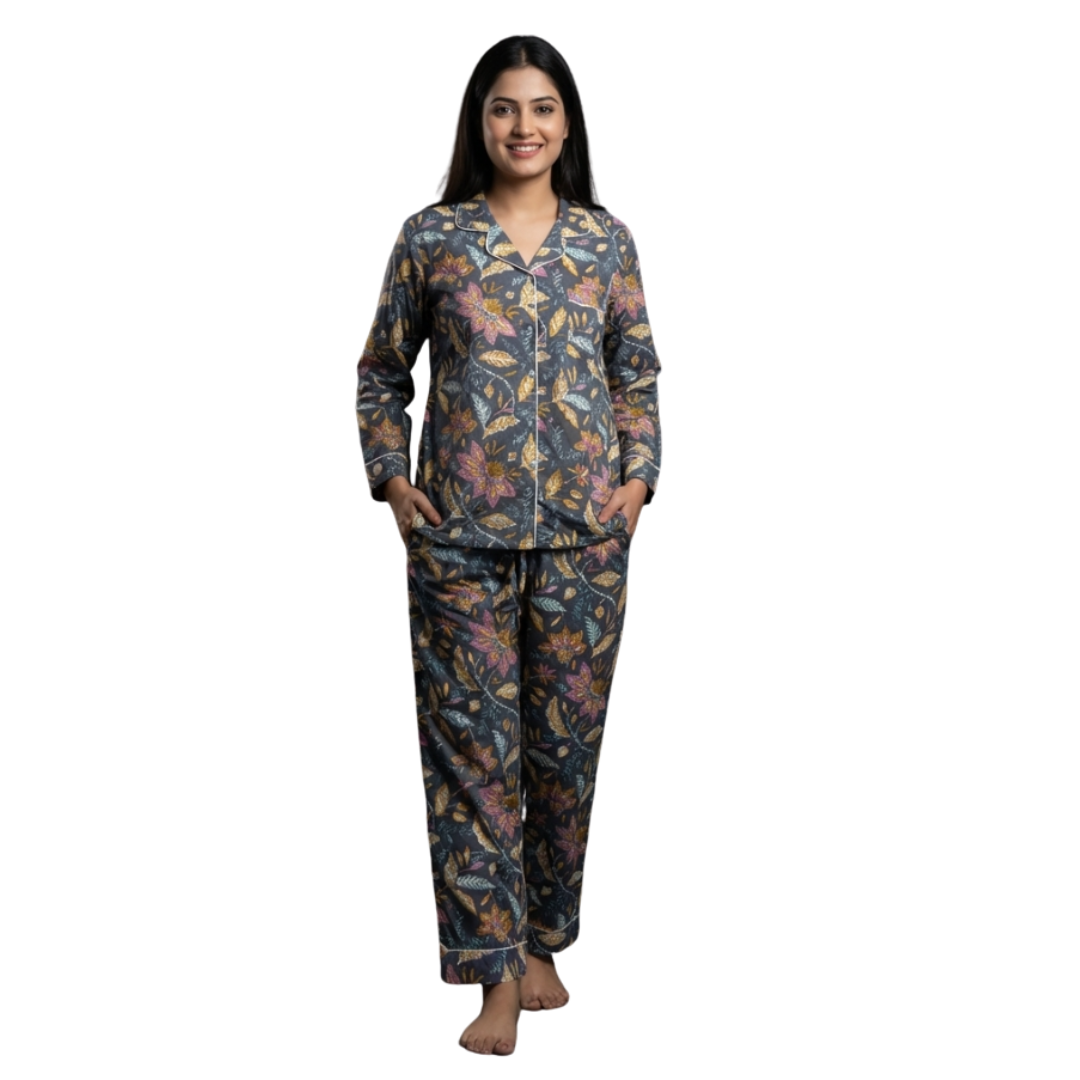 Gulmer by RajPadmini — The Twilight Garden Mulmul Cotton Cord Set with matching Cover| Grey Nightsuit for Women | Breathable Loungewear with Collar Shirt & Pants