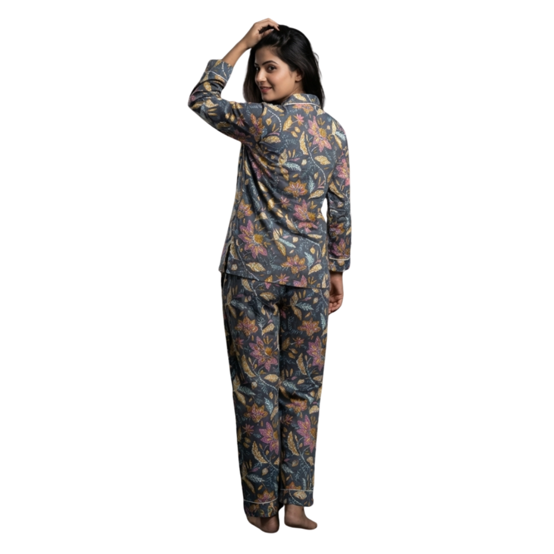 Gulmer by RajPadmini — The Twilight Garden Mulmul Cotton Cord Set with matching Cover| Grey Nightsuit for Women | Breathable Loungewear with Collar Shirt & Pants