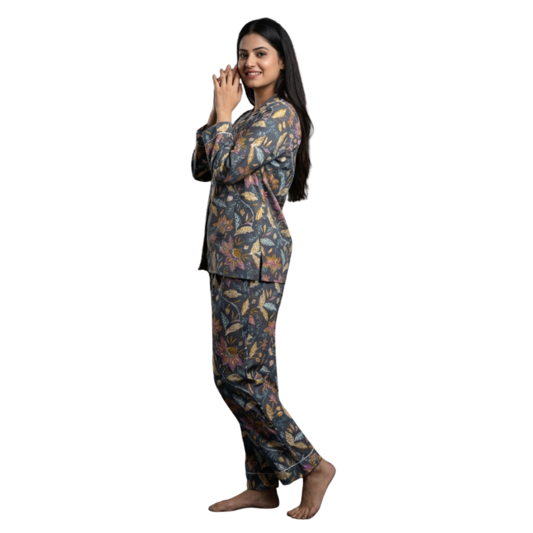 Gulmer by RajPadmini — The Twilight Garden Mulmul Cotton Cord Set with matching Cover| Grey Nightsuit for Women | Breathable Loungewear with Collar Shirt & Pants