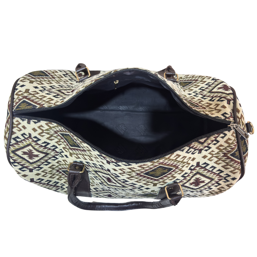 White and brown cotton duffle bag dimensions — 20 x 13 x 9 inches, cabin-friendly travel size