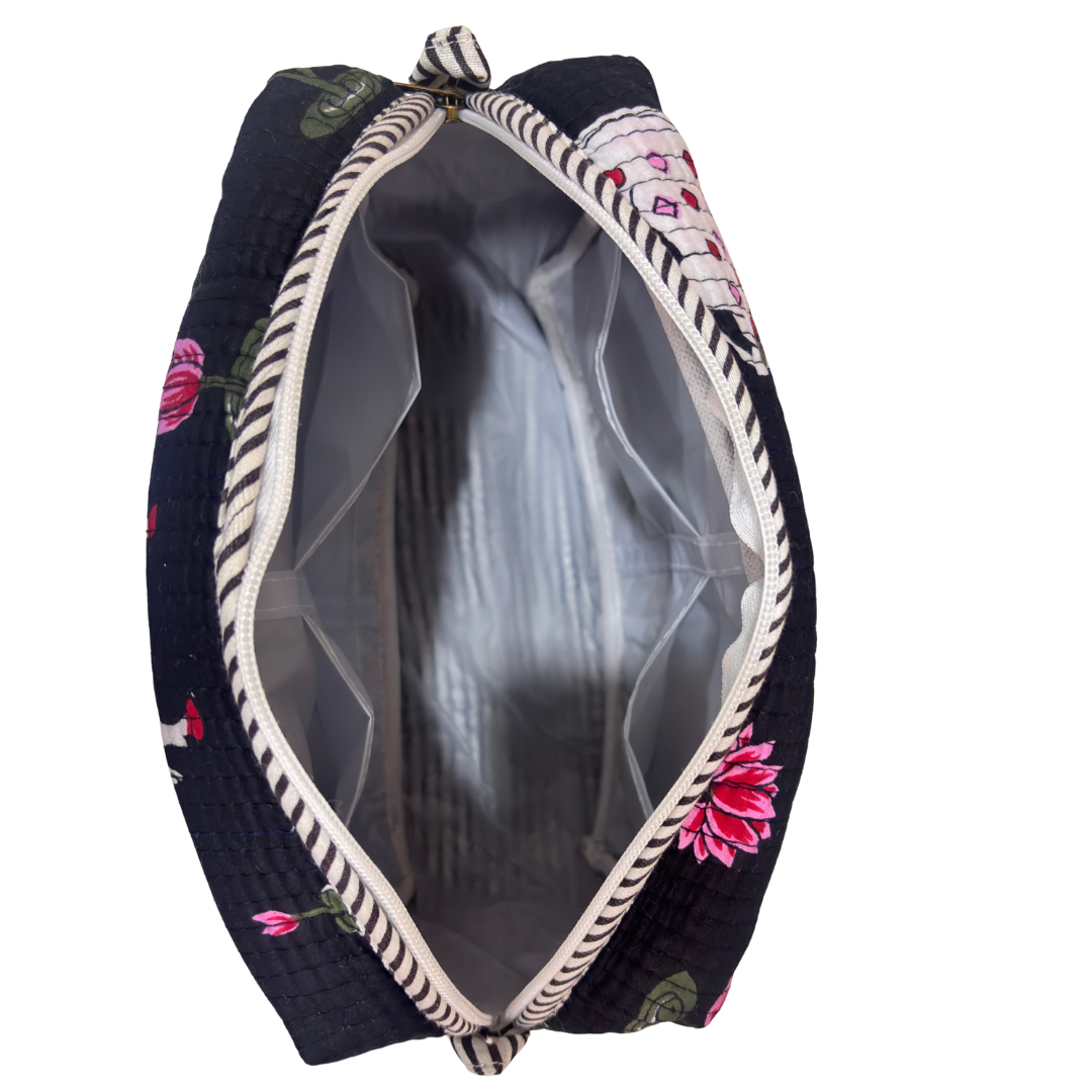 Handcrafted quilted cotton cosmetic case by RajPadmini — block-print travel makeup pouch with leak-proof parachute lining