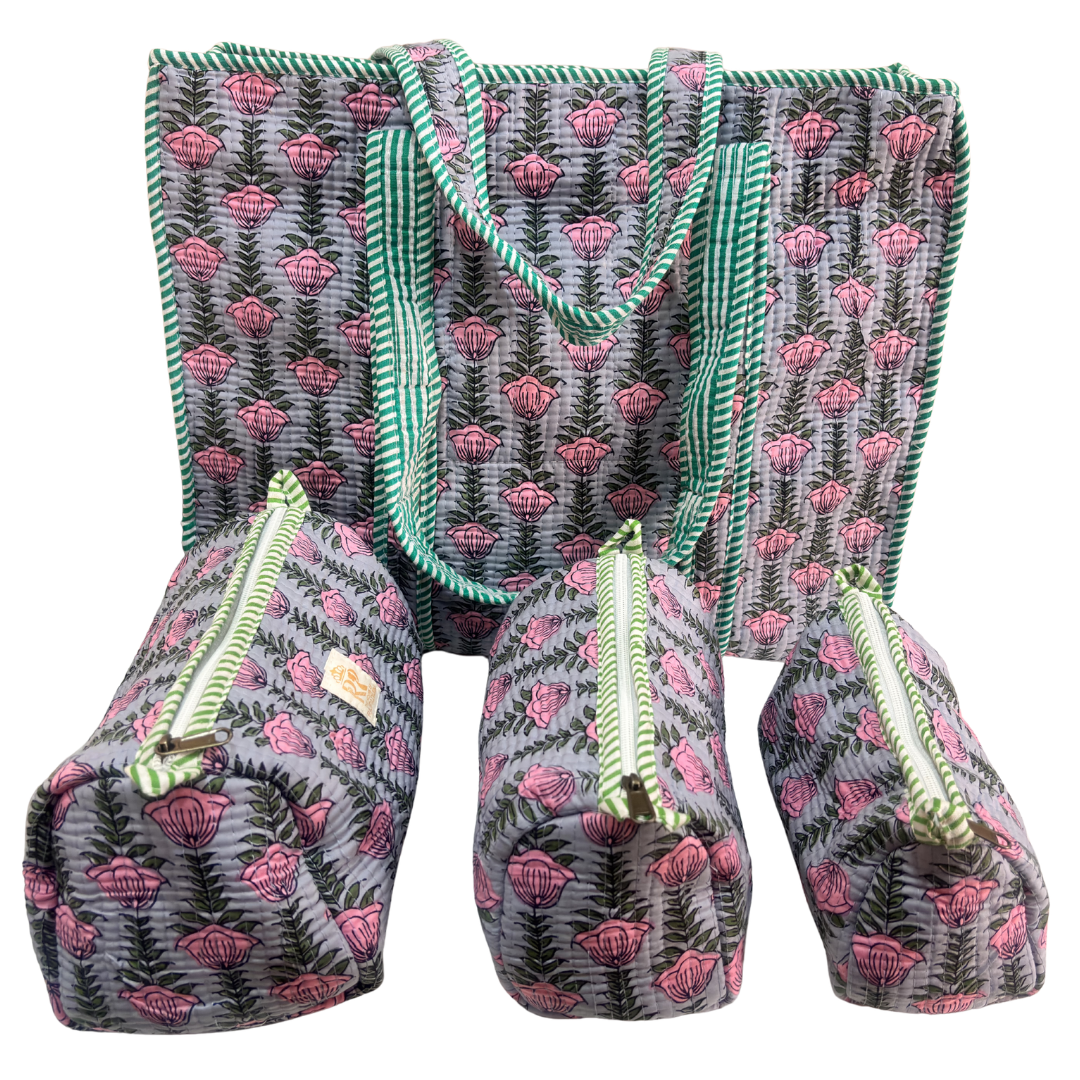 4-in-1 Festive Gifting COMBO : Premium Quilted Tote Bag + 3 Waterproof Pouches = Your Complete Organization Solution!