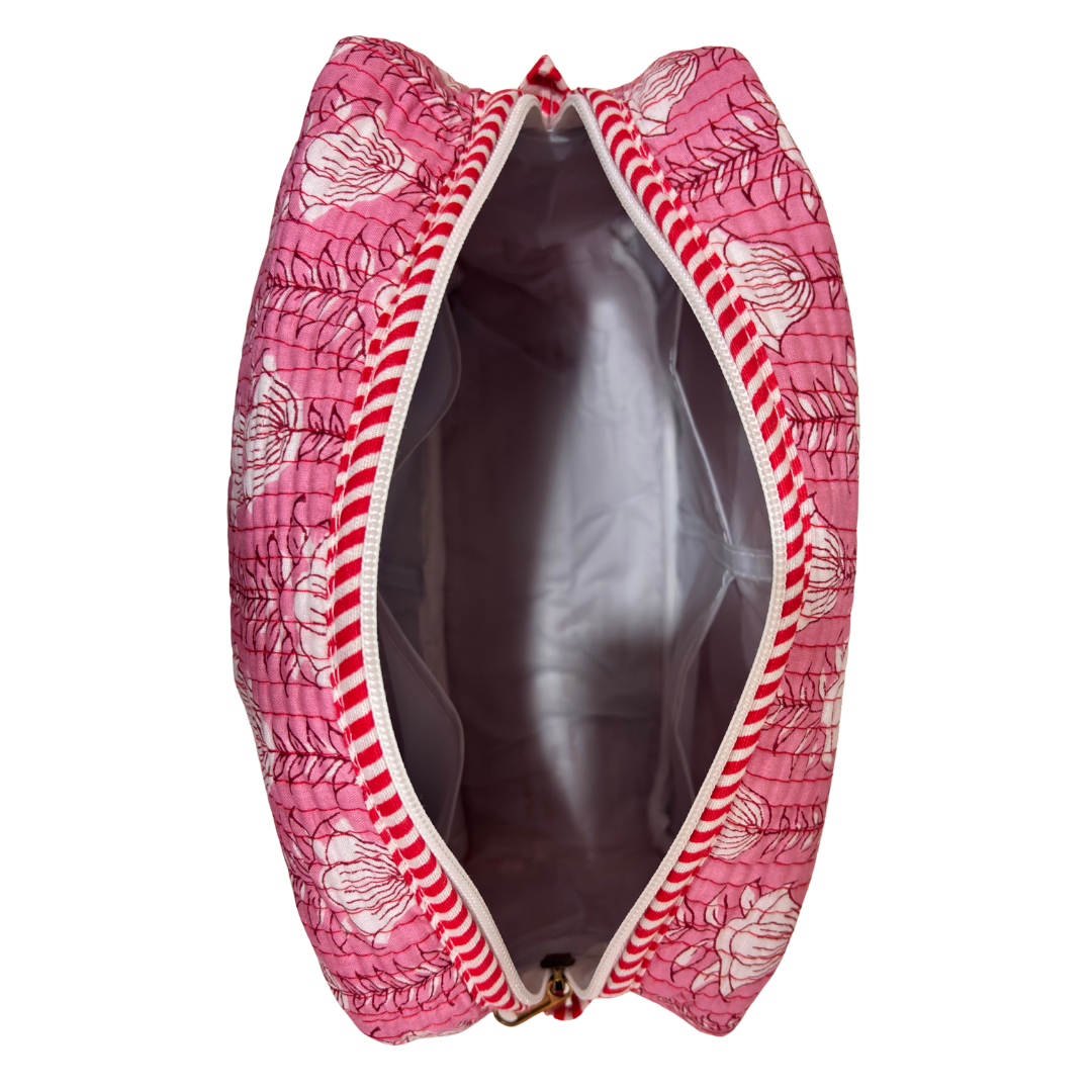 Handcrafted quilted cotton cosmetic case by RajPadmini — block-print travel makeup pouch with leak-proof parachute lining