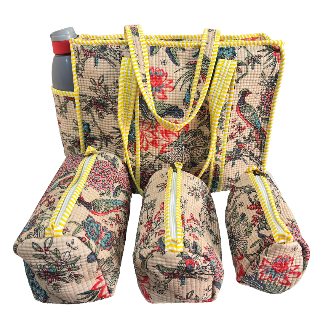 RajPadmini 4-in-1 Festive Gifting COMBO : Premium Quilted Tote Bag + 3 Waterproof Pouches = Your Complete Organization Solution!