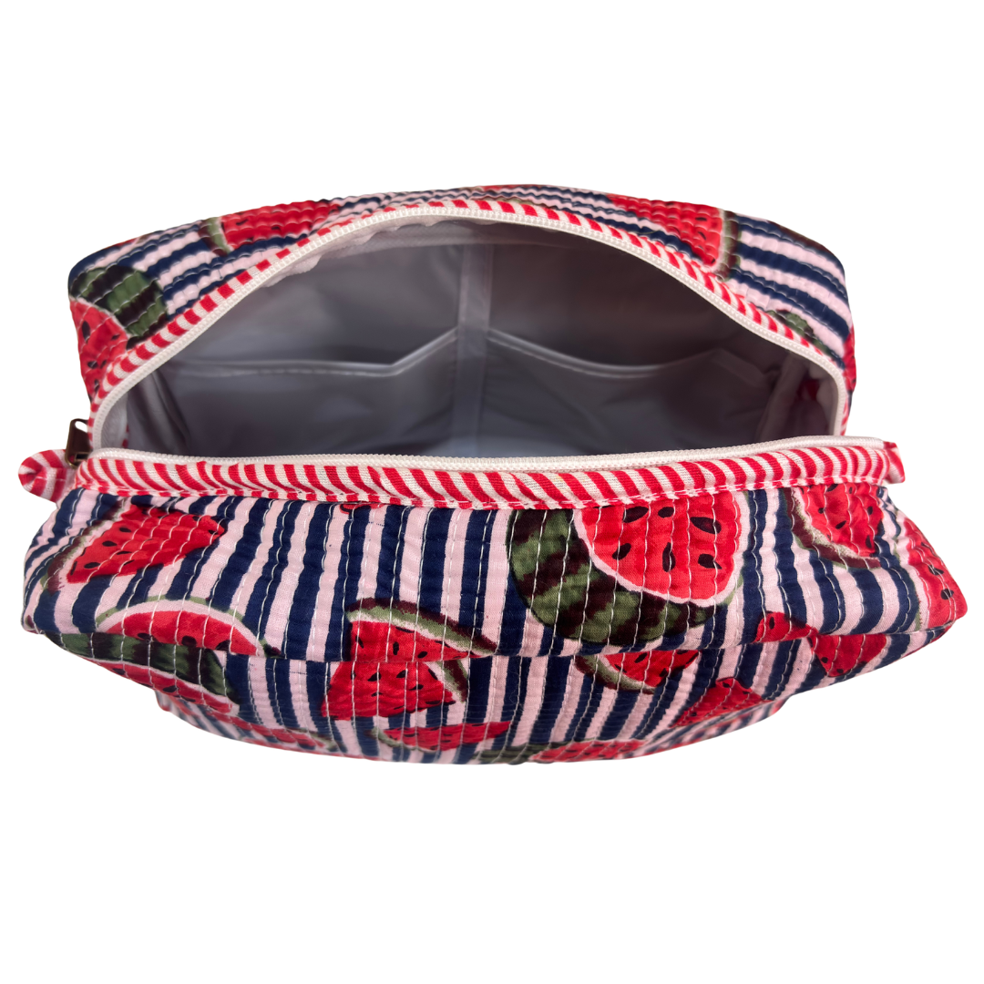 Multi-Pocket Travel Cosmetic Case with Flap & Front Zip — Handcrafted Quilted Block Print | RajPadmini