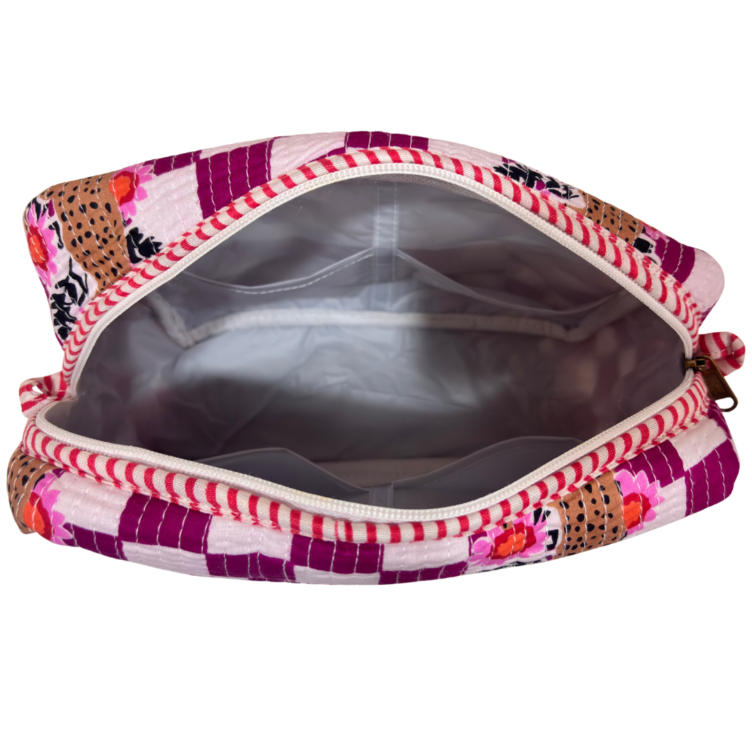 Multi-Pocket Travel Cosmetic Case with Flap & Front Zip — Handcrafted Quilted Block Print | RajPadmini