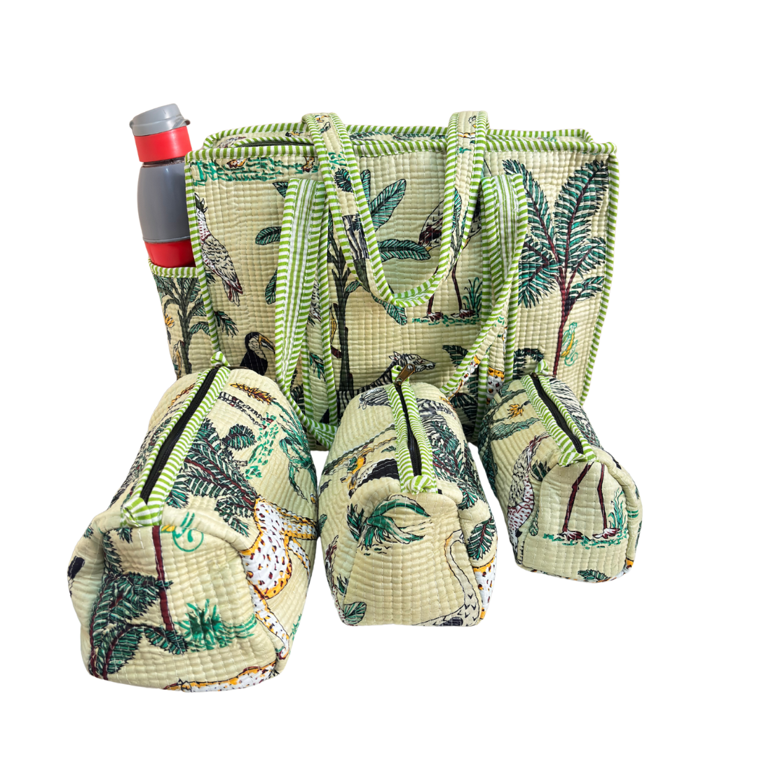 RajPadmini 4-in-1 Festive Gifting COMBO : Premium Quilted Tote Bag + 3 Waterproof Pouches = Your Complete Organization Solution!