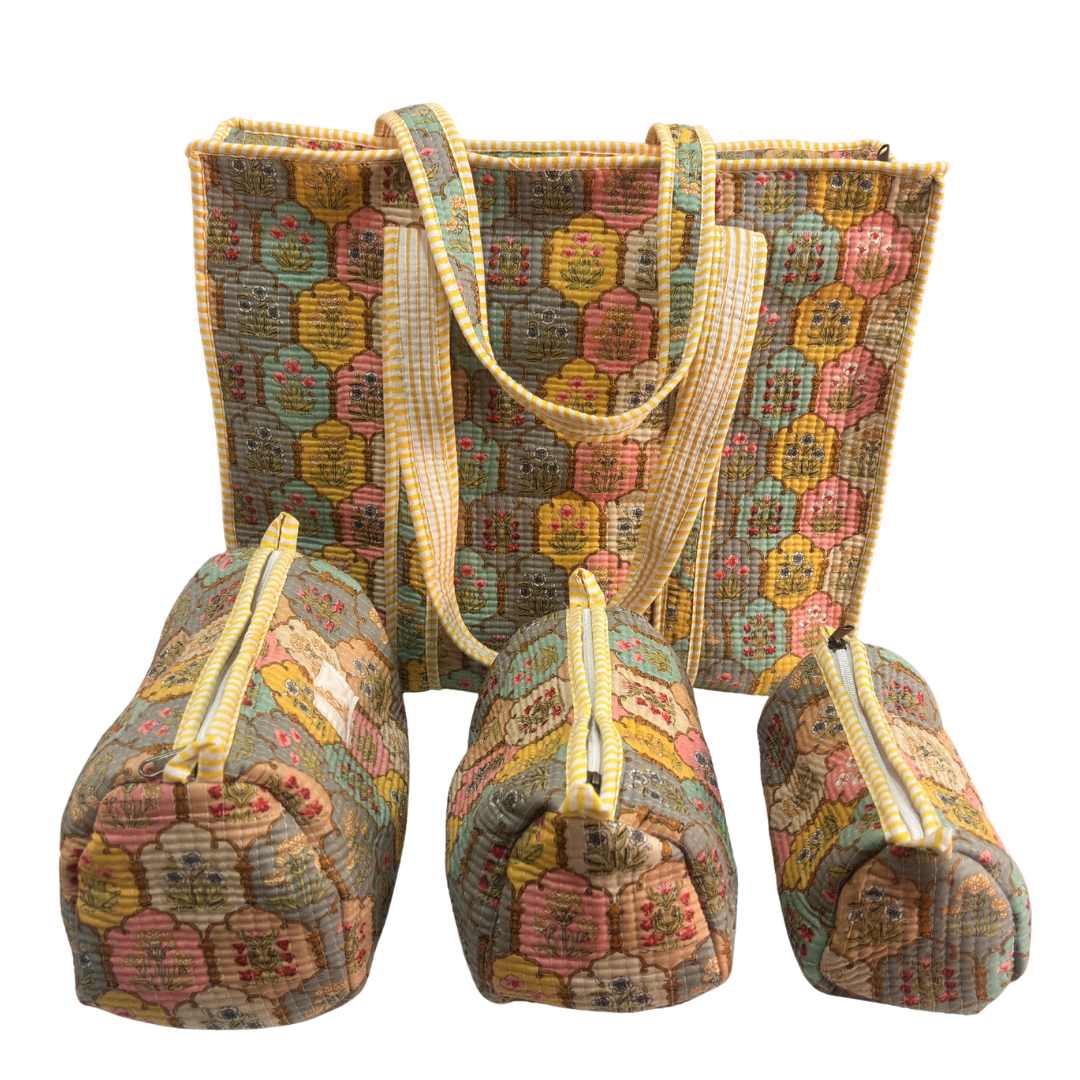 4-in-1 Festive Gifting COMBO : Premium Quilted Tote Bag + 3 Waterproof Pouches = Your Complete Organization Solution!