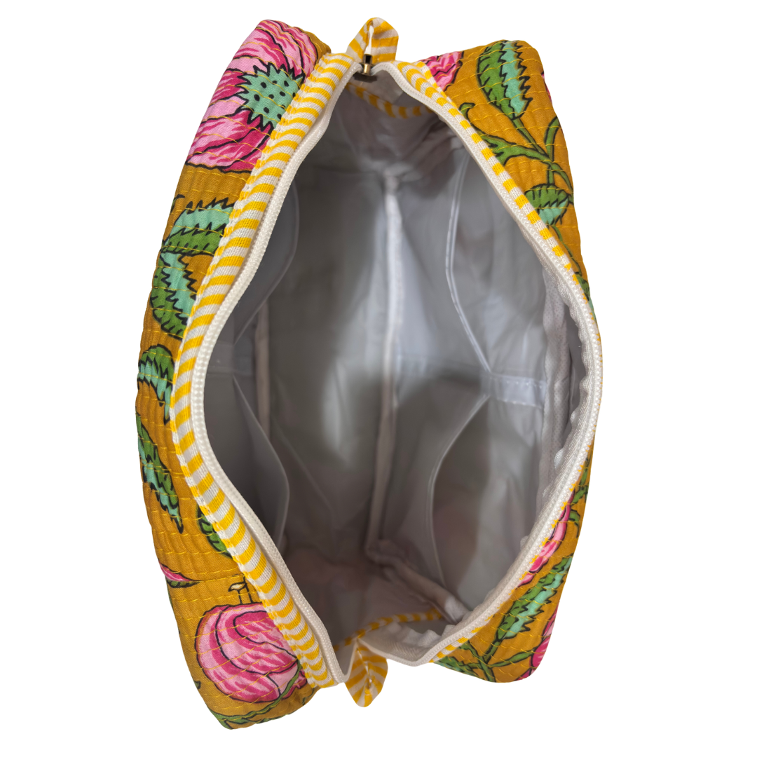 Multi-Pocket Travel Cosmetic Case with Flap & Front Zip — Handcrafted Quilted Block Print | RajPadmini