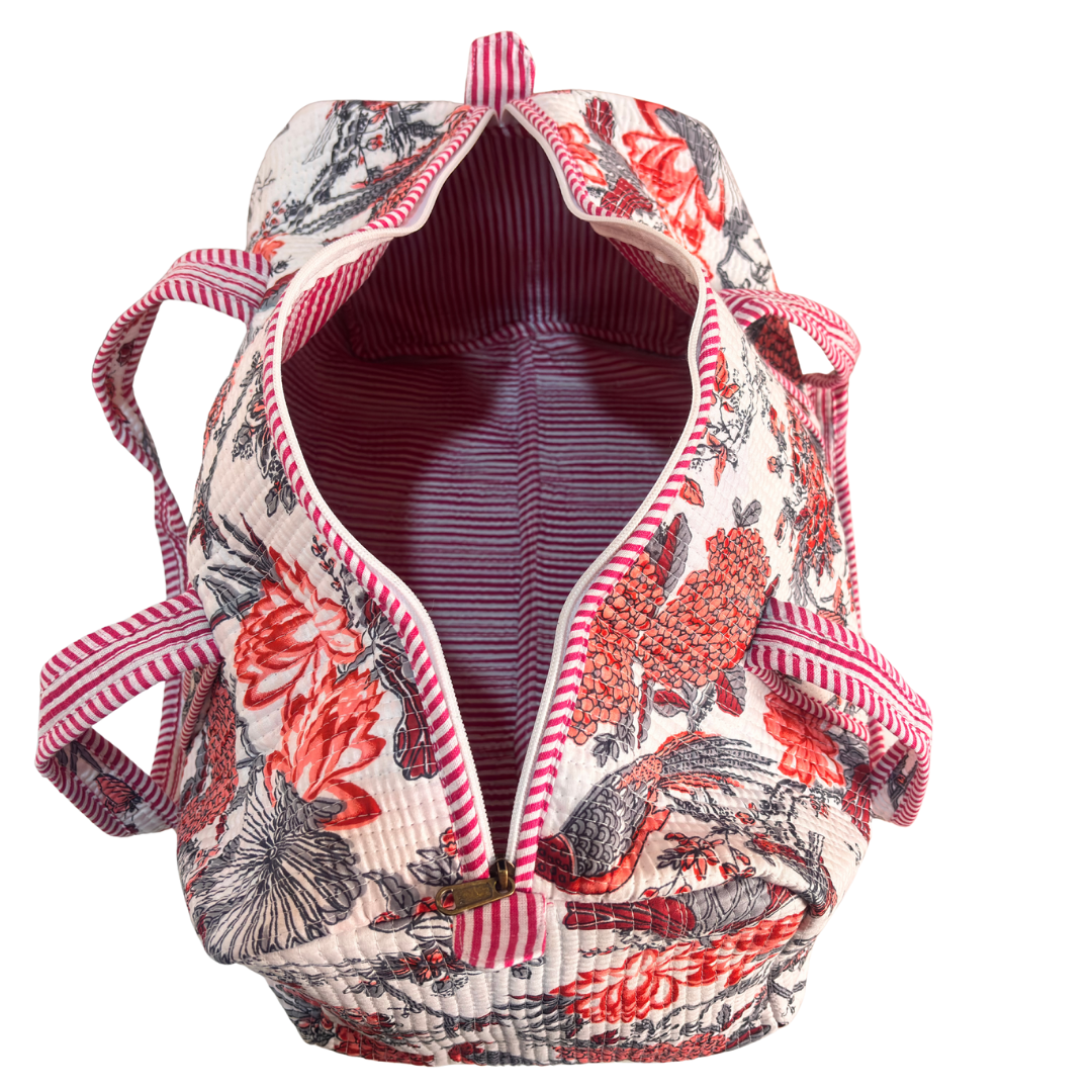 Detail of floral pattern on Pushkar Balloon Floral White duffle by The House of RajPadmini