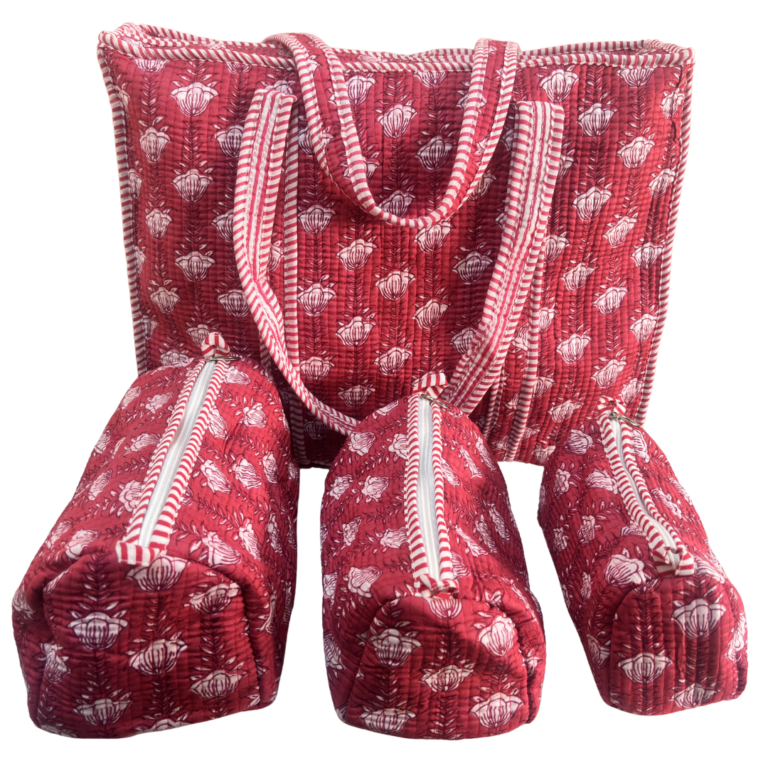 4-in-1 Festive Gifting COMBO : Premium Quilted Tote Bag + 3 Waterproof Pouches = Your Complete Organization Solution!