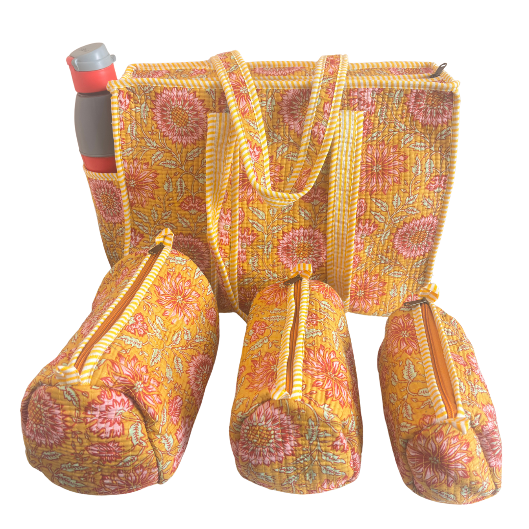 RajPadmini 4-in-1 Festive Gifting COMBO : Premium Quilted Tote Bag + 3 Waterproof Pouches = Your Complete Organization Solution!