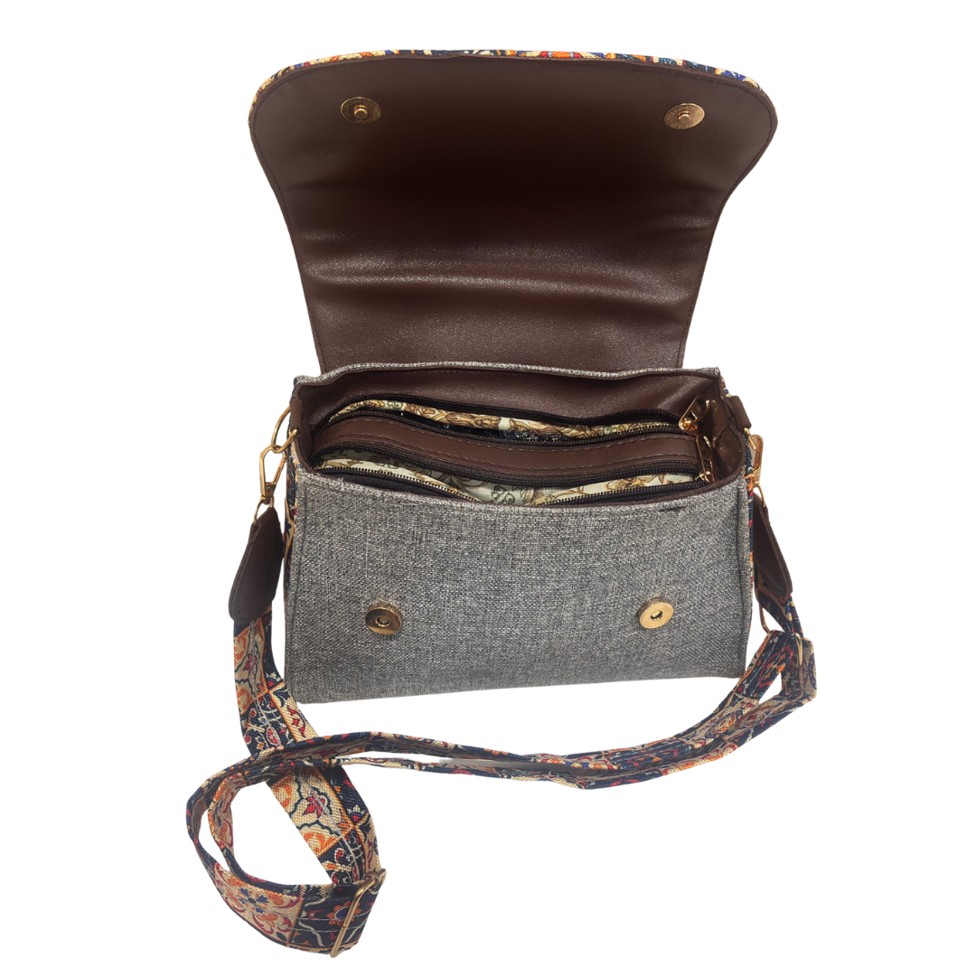 The House of RajPadmini Sanganer Heritage Edition | Hand-Block Print Sling Bag with Signature Metal Ring Handle & Double Partition