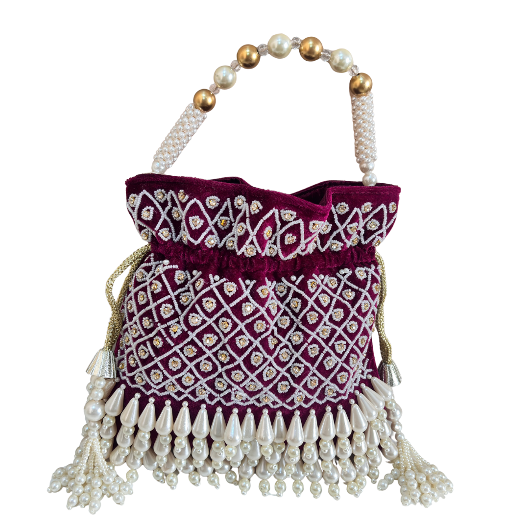The House of RajPadmini Velvet Pearl Embroidered Potli Bag