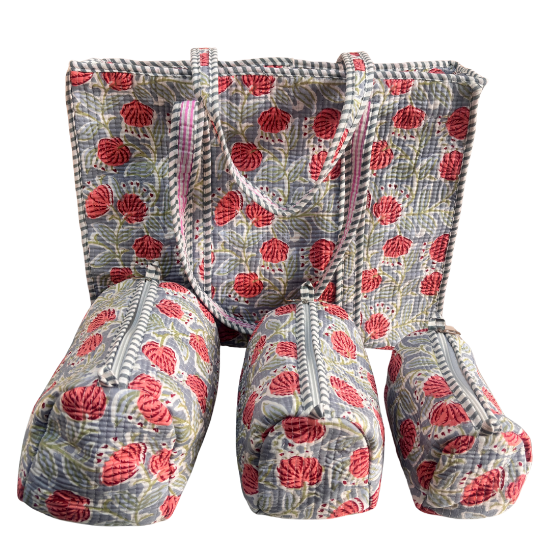 4-in-1 Festive Gifting COMBO : Premium Quilted Tote Bag + 3 Waterproof Pouches = Your Complete Organization Solution!