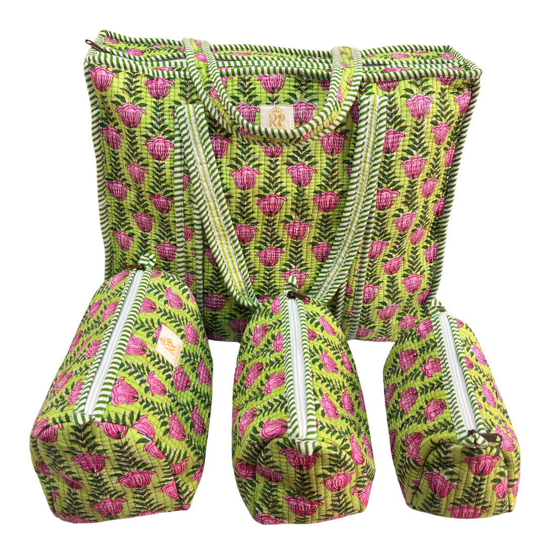 4-in-1 Festive Gifting COMBO : Premium Quilted Tote Bag + 3 Waterproof Pouches = Your Complete Organization Solution!