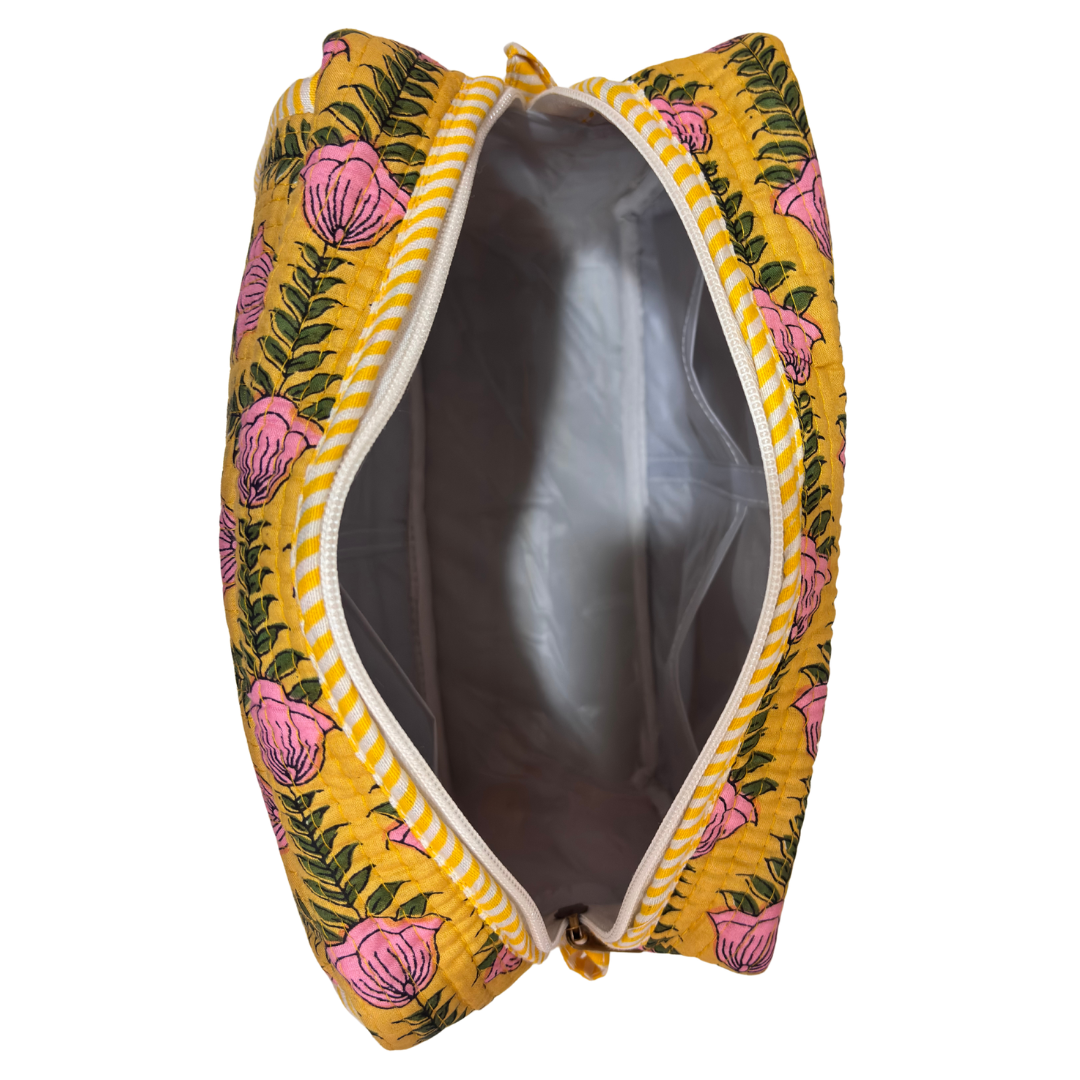 Handcrafted quilted cotton cosmetic case by RajPadmini — block-print travel makeup pouch with leak-proof parachute lining