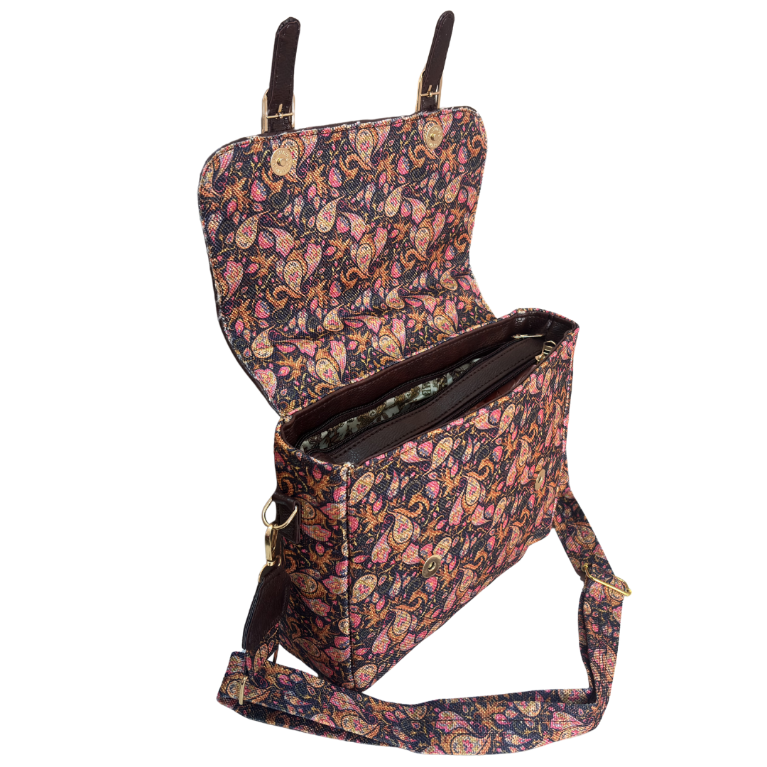 RajPadmini Brown Heritage Floral Briefcase Sling Bag – dimensions and detail close-up