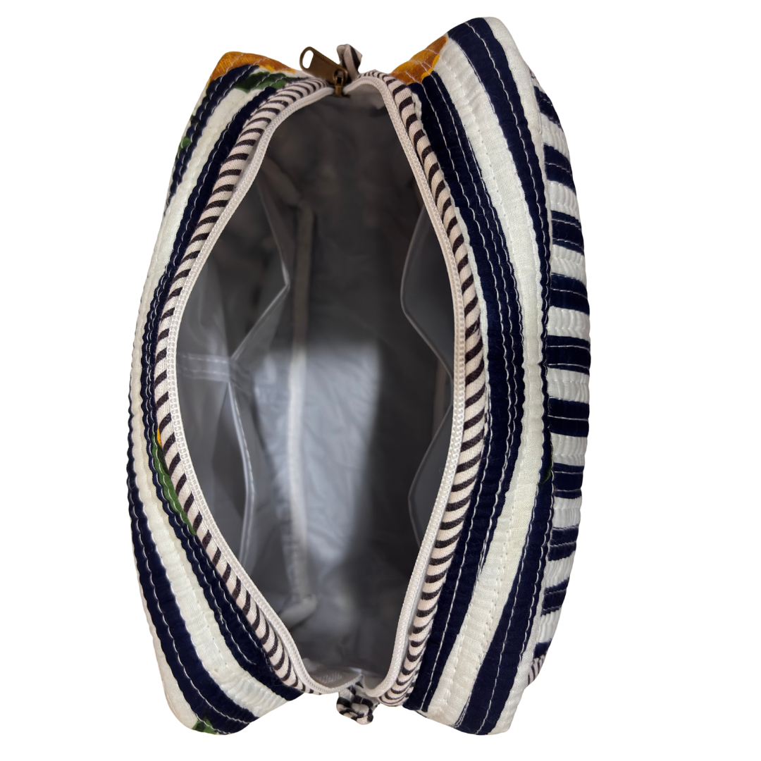 Multi-Pocket Travel Cosmetic Case with Flap & Front Zip — Handcrafted Quilted Block Print | RajPadmini