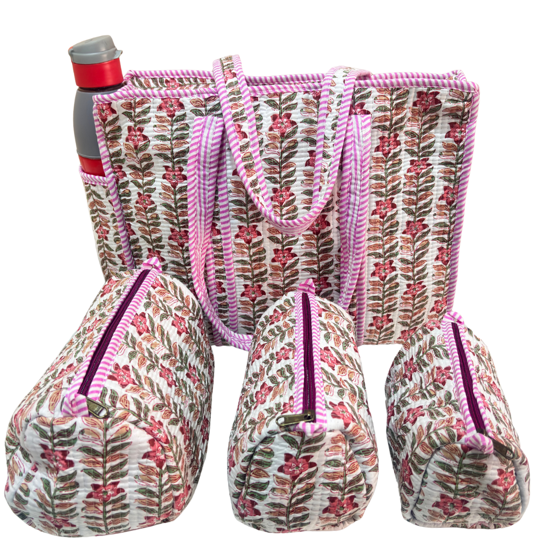 RajPadmini 4-in-1 Festive Gifting COMBO : Premium Quilted Tote Bag + 3 Waterproof Pouches = Your Complete Organization Solution!