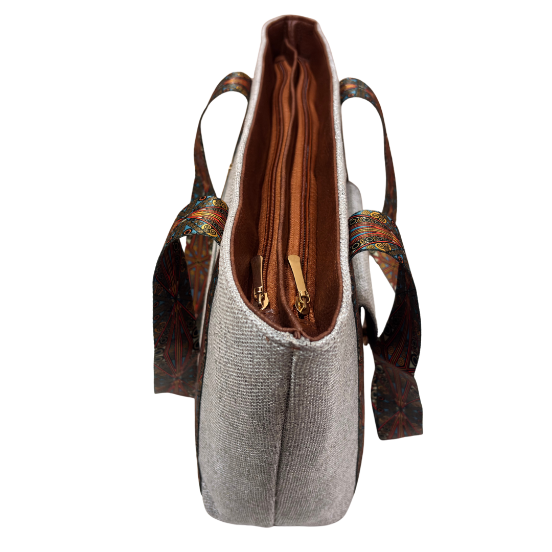 Boardroom Jute Tote Bag for Women | Office Laptop Tote with Faux Leather Trim | Heritage Craft