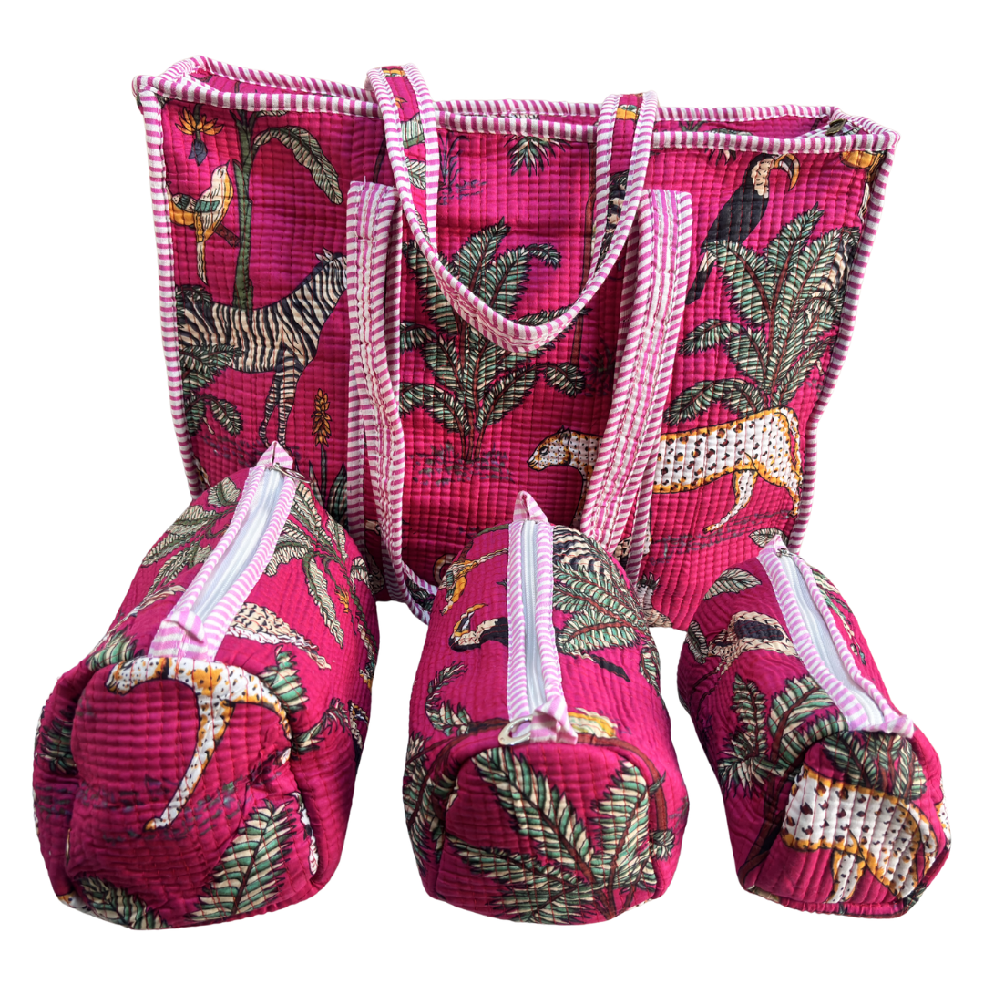 4-in-1 Festive Gifting COMBO : Premium Quilted Tote Bag + 3 Waterproof Pouches = Your Complete Organization Solution!