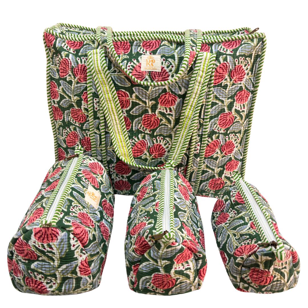 4-in-1 Festive Gifting COMBO : Premium Quilted Tote Bag + 3 Waterproof Pouches = Your Complete Organization Solution!