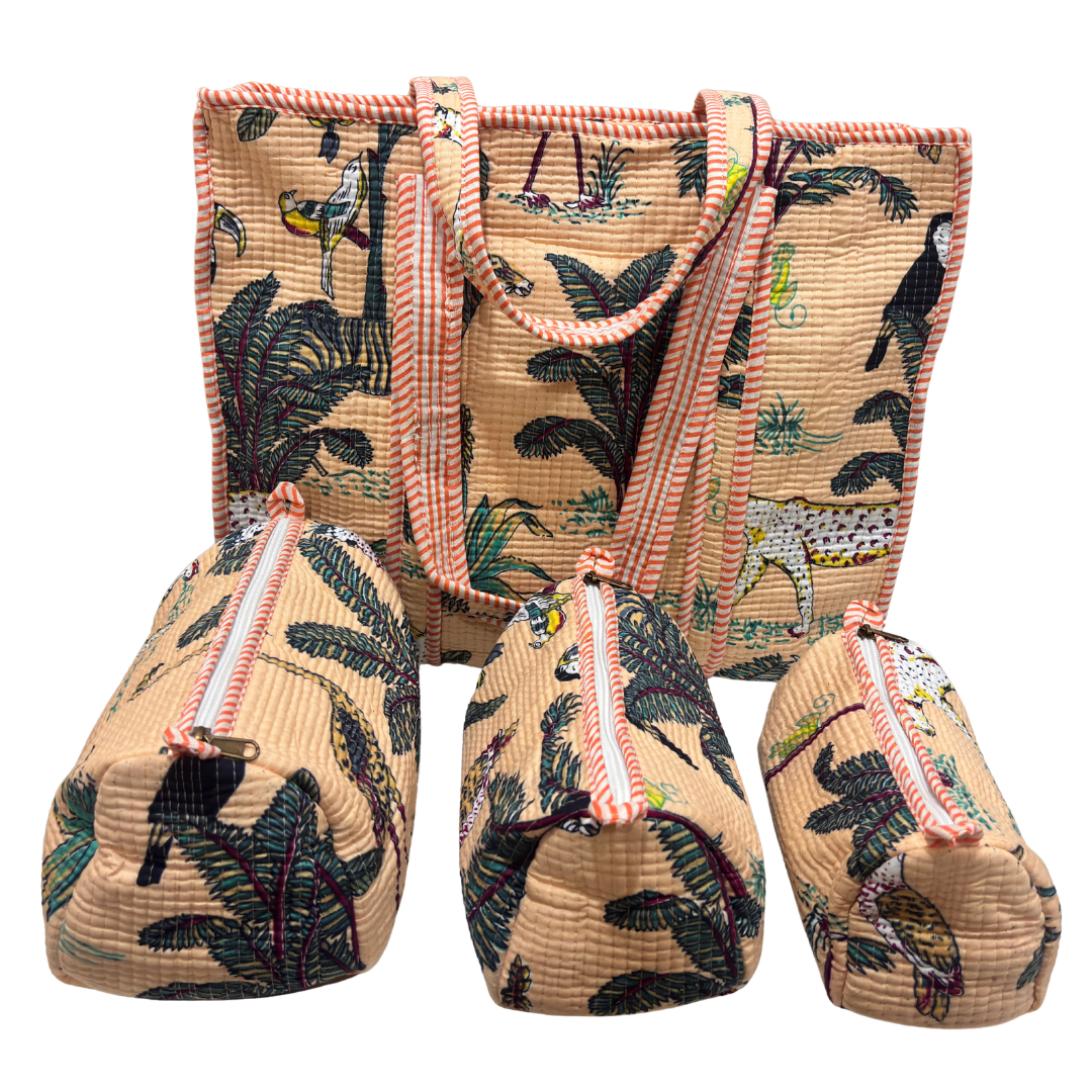 4-in-1 Festive Gifting COMBO : Premium Quilted Tote Bag + 3 Waterproof Pouches = Your Complete Organization Solution!