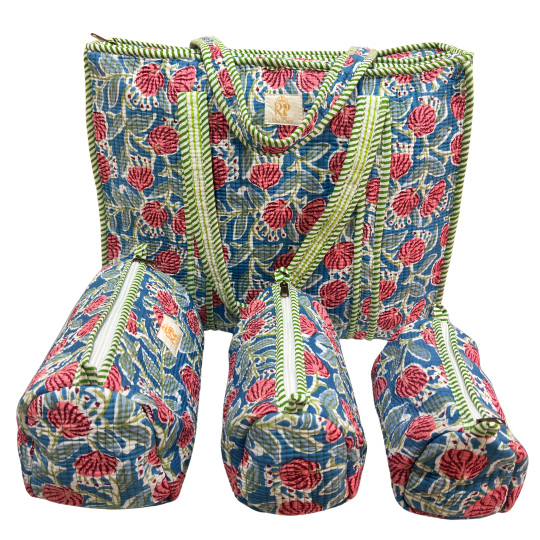 4-in-1 Festive Gifting COMBO : Premium Quilted Tote Bag + 3 Waterproof Pouches = Your Complete Organization Solution!