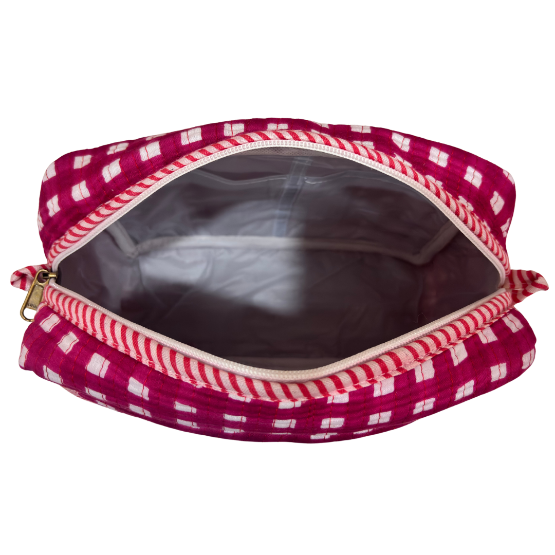 Handcrafted quilted cotton cosmetic case by RajPadmini — block-print travel makeup pouch with leak-proof parachute lining