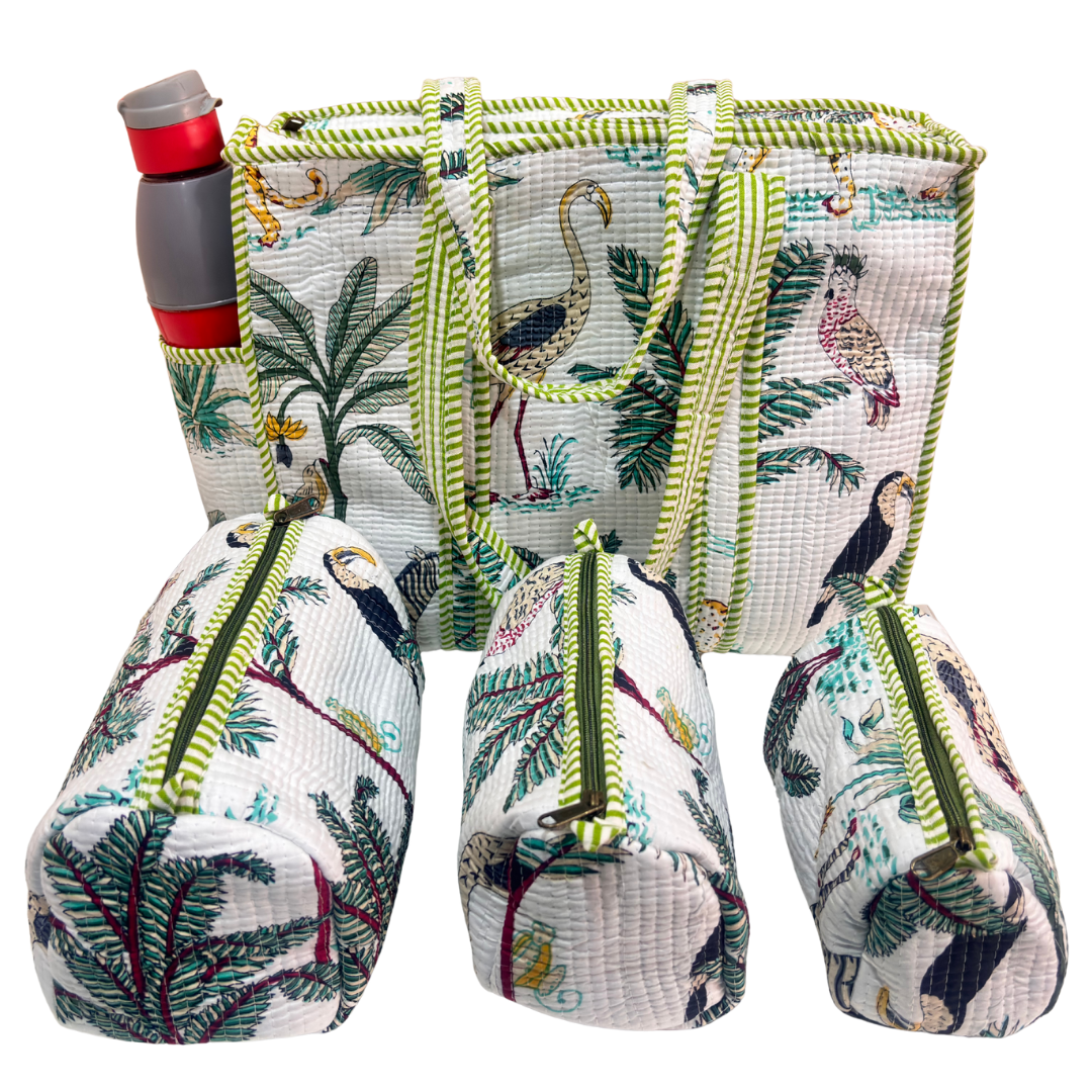 RajPadmini 4-in-1 Festive Gifting COMBO : Premium Quilted Tote Bag + 3 Waterproof Pouches = Your Complete Organization Solution!